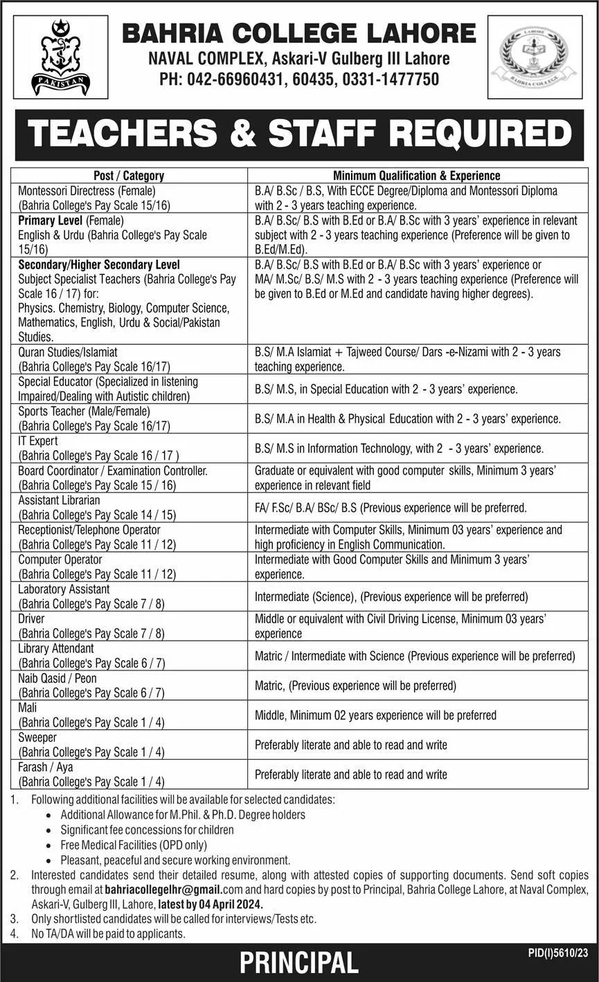 Bahria College Lahore Punjab Jobs 2024 – Bahria college karsaz Jobs 2024 — original advertisement