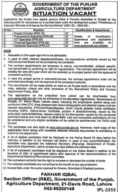 Agriculture Department Punjab Jobs 2024 Jobs 2024 — original advertisement