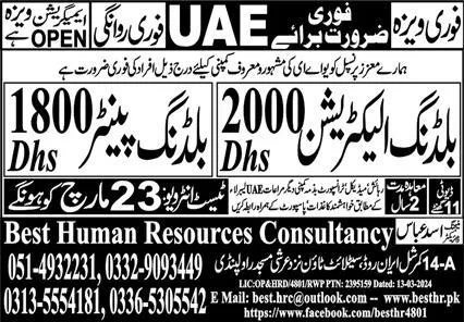Building Electrician & Building Painter Jobs 2024 – Best Human Resources Consultancy Jobs 2024 — original advertisement