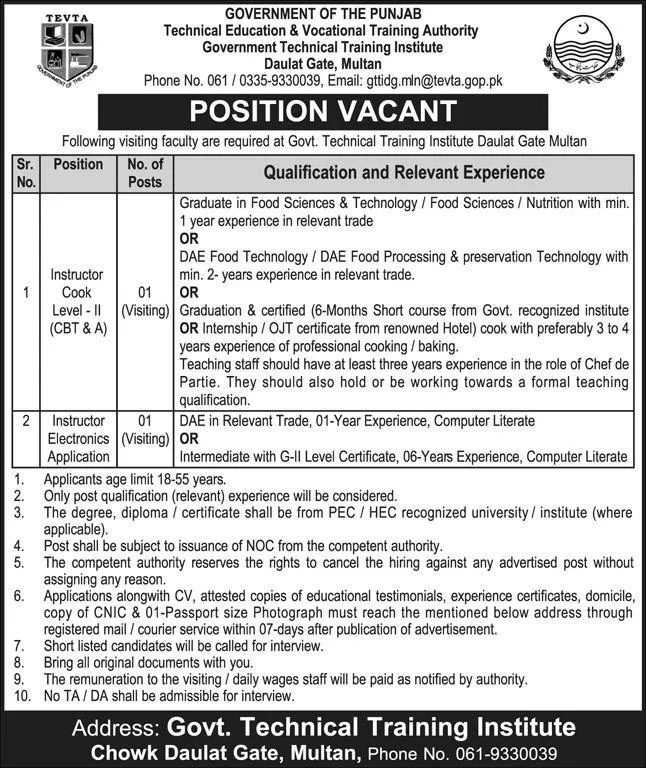 Govt Technical Training Institute GTTI Daulat Gate Jobs 2024 – Technical Education & Vocational Training Authority TEVTA Punjab Jobs 2024 — original advertisement