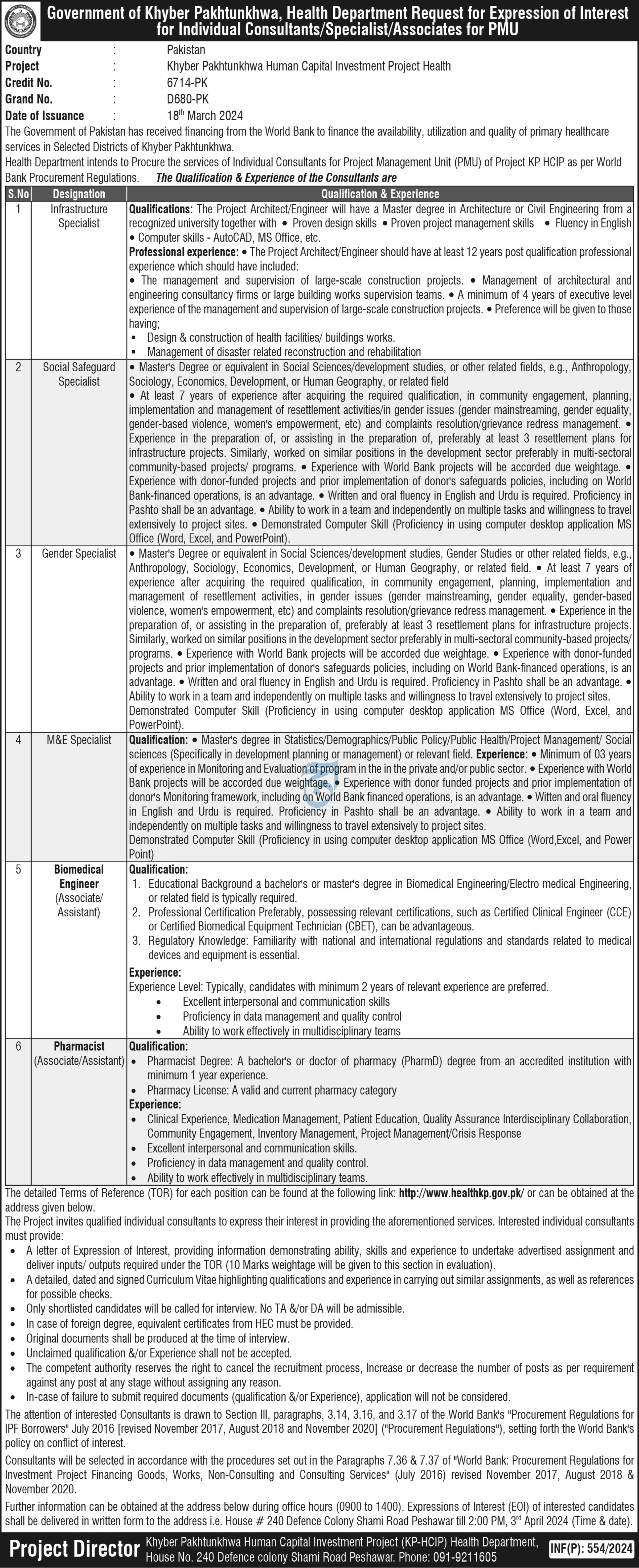KP HCIP Human Capital Investment Project Jobs 2024 – Health Department KPK Jobs 2024 — original advertisement