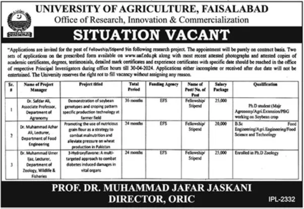 University Of Agriculture Faisalabad UAF Jobs 2024 Scholarships 2024 — original advertisement