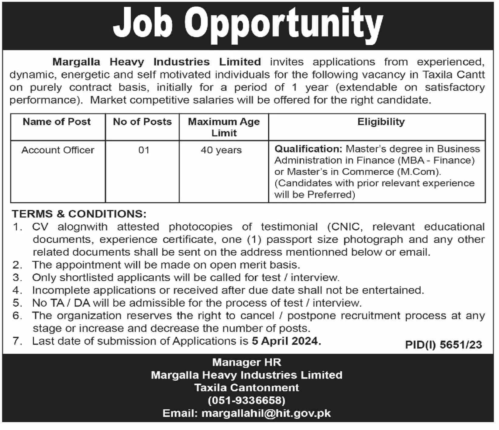 Margalla Heavy Industries Limited Jobs 2024 – Margalla Heavy Industries Limited Taxila Jobs 2024 — original advertisement