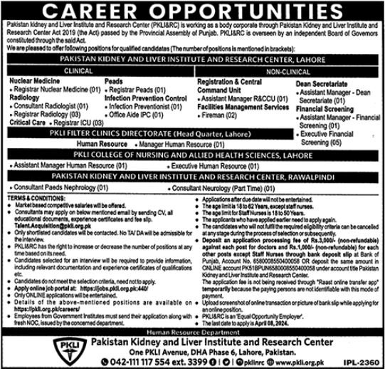 Pakistan Kidney & Liver Institute & Research Centre PKLI Job – Pakistan Kidney And Liver Institute (PKLI) And Research Centre Lahore Jobs 2024 — original advertisement