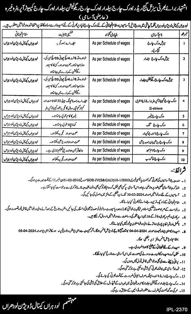 Lodhran Canal Division Irrigation Department Jobs 2024 – Irrigation Department Punjab Jobs 2024 — original advertisement