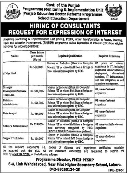 Programme Monitoring & Implementation Unit PMIU Lahore Jobs – School Education Department Punjab Jobs 2024 — original advertisement
