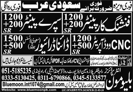 CNC Wood Operator & Spray Painter Jobs 2024 In Saudi Arabia – Blue Moon Enterprises Jobs 2024 — original advertisement