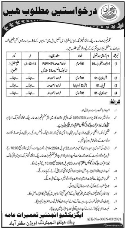 Public Health Engineering Division Muzaffarabad Jobs 2024 – Public Health Nursing Mirpur Azad Kashmir Jobs 2024 — original advertisement