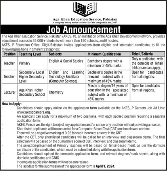 Aga Khan Education Service Pakistan Gilgit Jobs 2024 Jobs 2024 — original advertisement