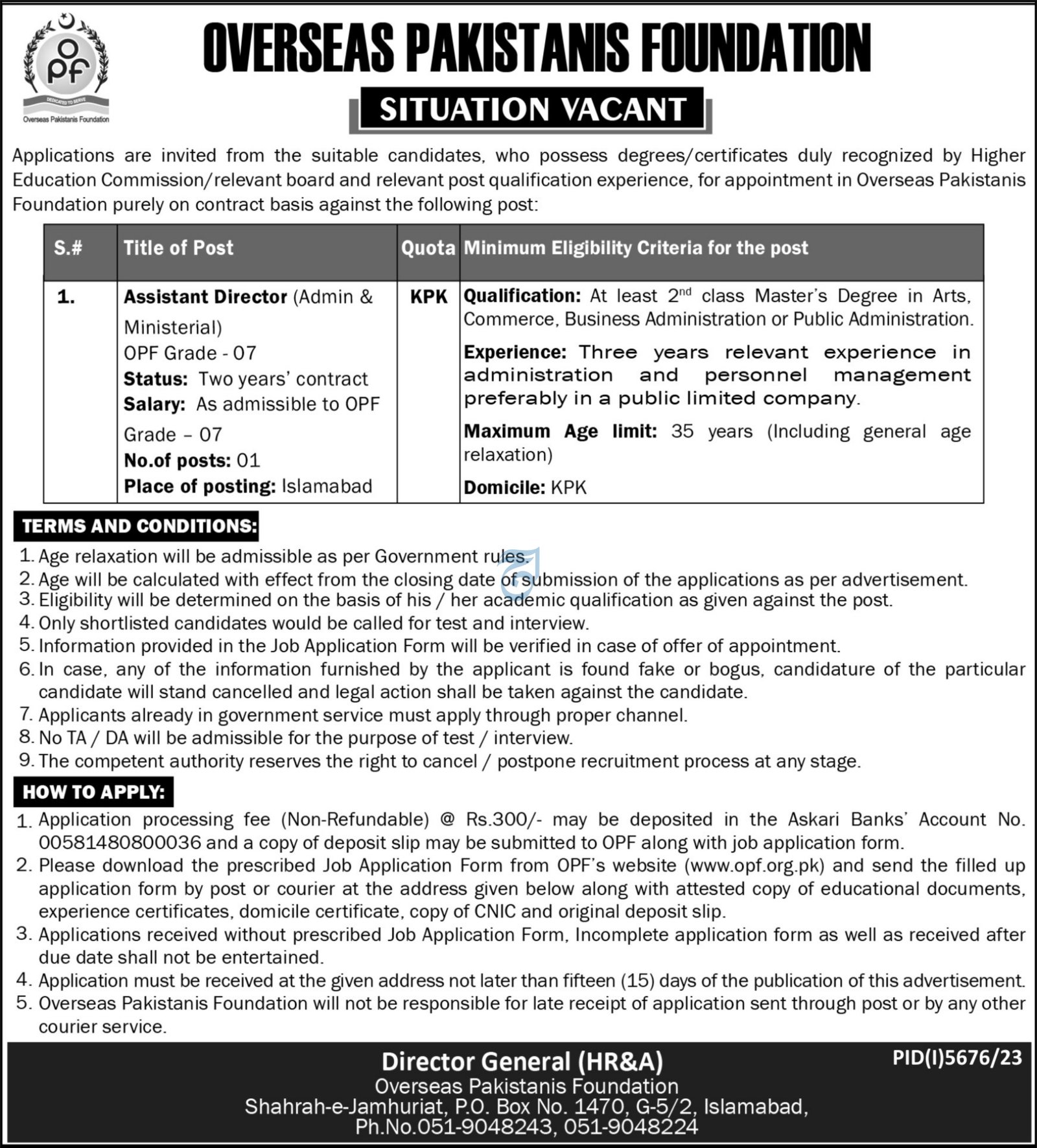Overseas Pakistanis Foundation OPF Islamabad Job 2024 – Overseas Pakistanis Foundation Islamabad Jobs 2024 — original advertisement