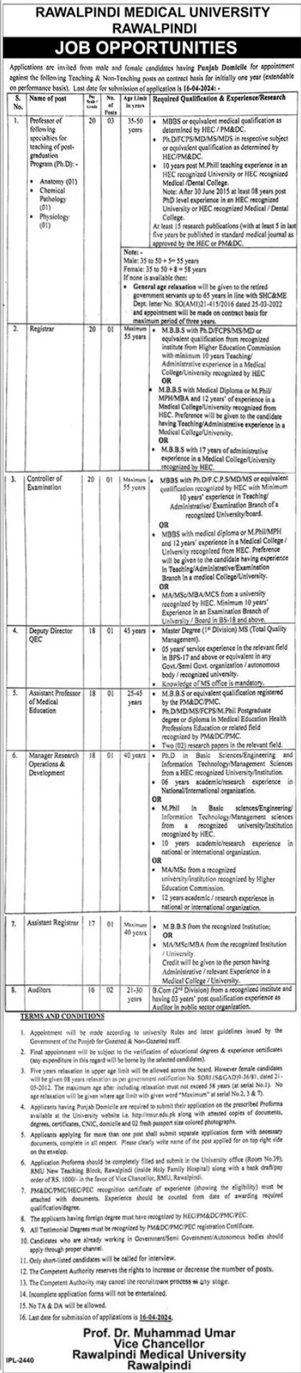 Rawalpindi Medical University RMU Punjab Jobs 2024 – Rawalpindi Medical University Punajb Jobs 2024 — original advertisement