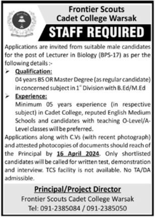 Frontier Scouts Cadet College Warsak Jobs 2024 – Cadet College Warsak Peshawar Jobs 2024 — original advertisement