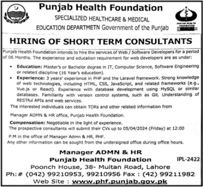 Punjab Health Foundation PHF Lahore Jobs 2024 – Education School Department Punjab Jobs 2024 — original advertisement