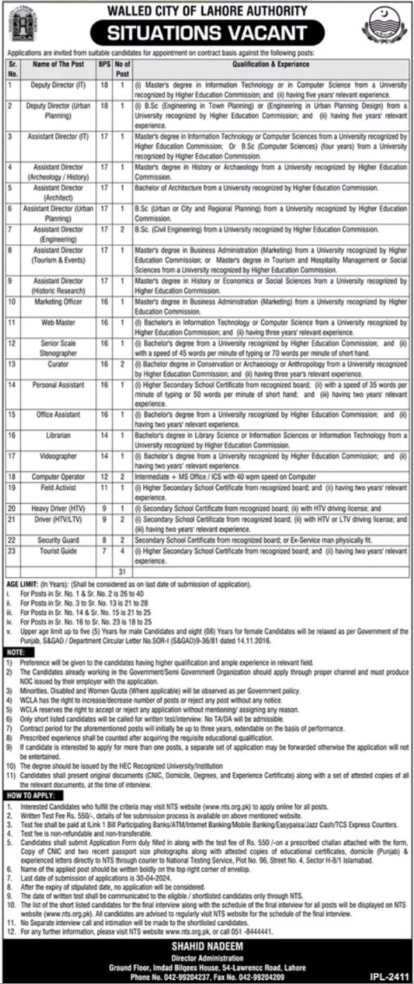Walled City of Lahore Authority Lahore Punjab Jobs 2024 – Walled City Of Lahore Authority WLCA Jobs 2024 — original advertisement