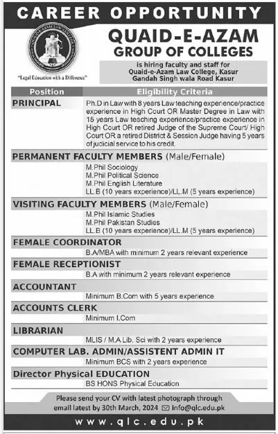 Quaid E Azam Group of Colleges Kasur Jobs 2024 – Quaid E Azam Rangers School and College Jobs 2024 — original advertisement