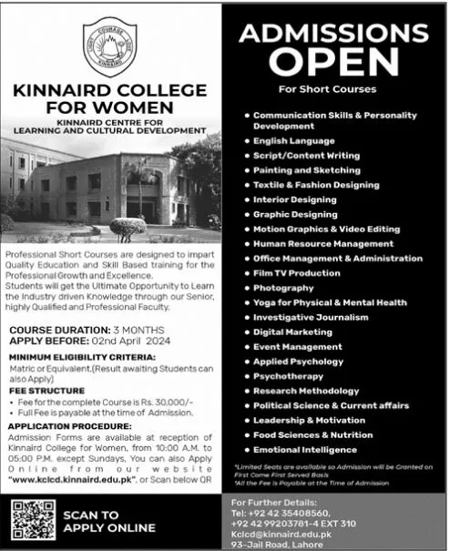 Admissions Open in Kinnarid College For Women – Punjab Kinnaird College for Women Lahore Admissions 2024 — original advertisement