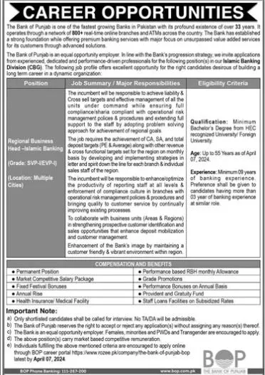 Bank of Punjab bop Jobs 2024 Jobs 2024 — original advertisement