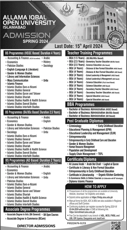 Admission Open in Allama Iqbal Open Univeristy Islamabad – Allama Iqbal Open University Islamabad Admissions 2024 — original advertisement