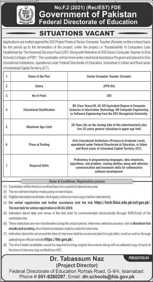 Federal Directorate Of Education FDE Islamabad Job 2024 – Federal Directorate of Education Islamabad Jobs 2024 — original advertisement