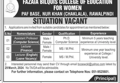 Fazaia Bilquis College Of Education For Women Jobs 2024 – Fazaia Schools & Colleges Jobs 2024 — original advertisement