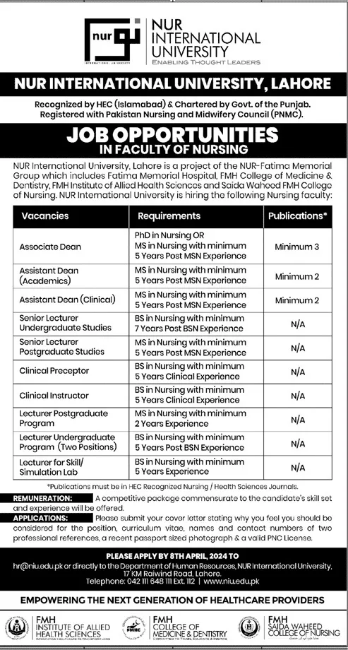 Nur International University Lahore Jobs 2024 Jobs 2024 — original advertisement