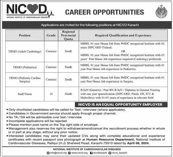 National Institute of Cardiovascular Diseases NICVD Job 2024 – National Institute of Cardiovascular Diseases (NICVD) Sindh Karachi Jobs 2024 — original advertisement