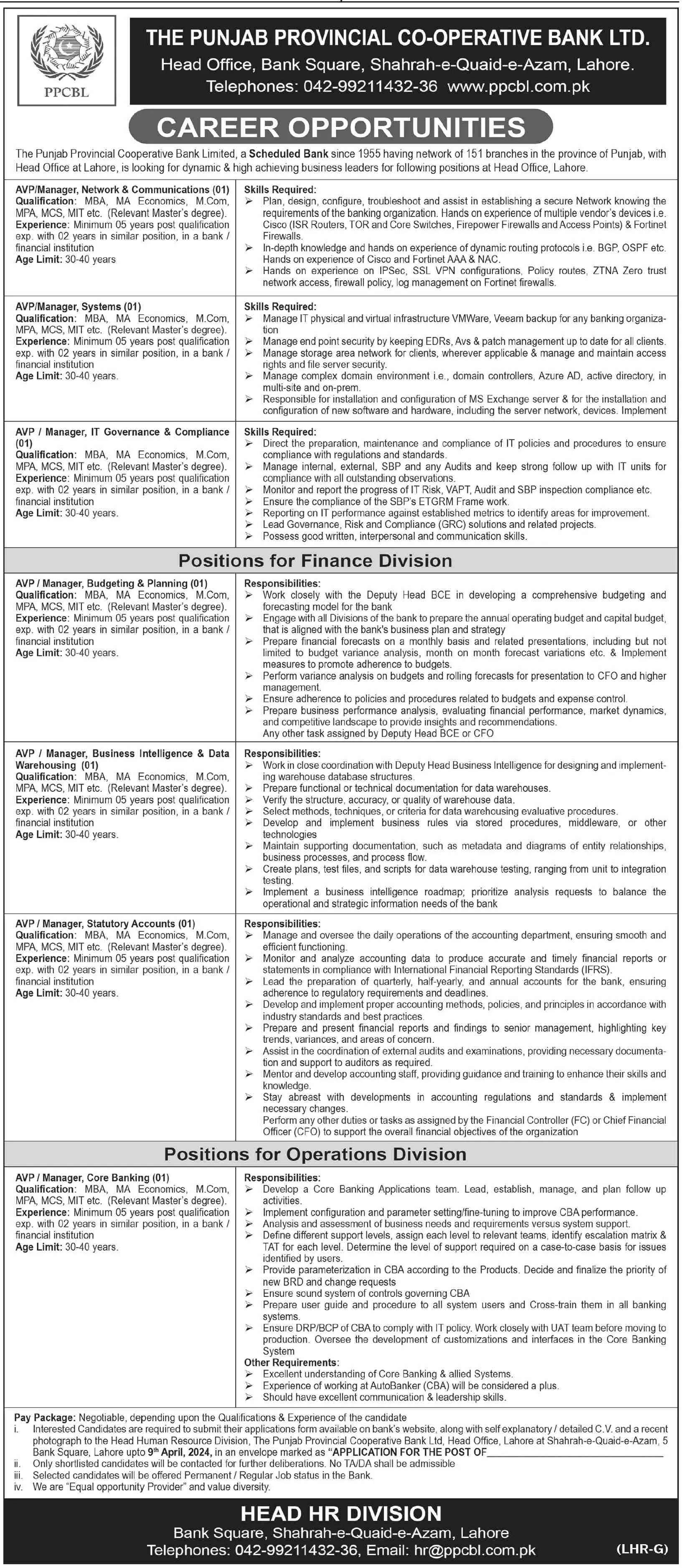 The Punjab Provincial Cooperative Bank Lahore Jobs 2024 Jobs 2024 — original advertisement