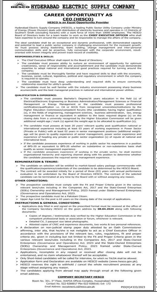 Hyderabad Electric Supply Company HESCO Sindh Job 2024 Jobs 2024 — original advertisement