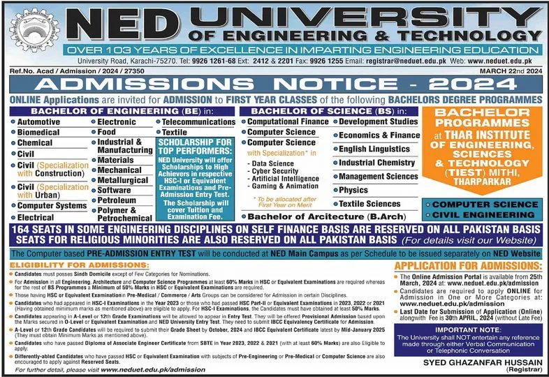 Admission Open in Ned university of engineering and technolo – NED University of Engineering and Technology Admissions 2024 — original advertisement