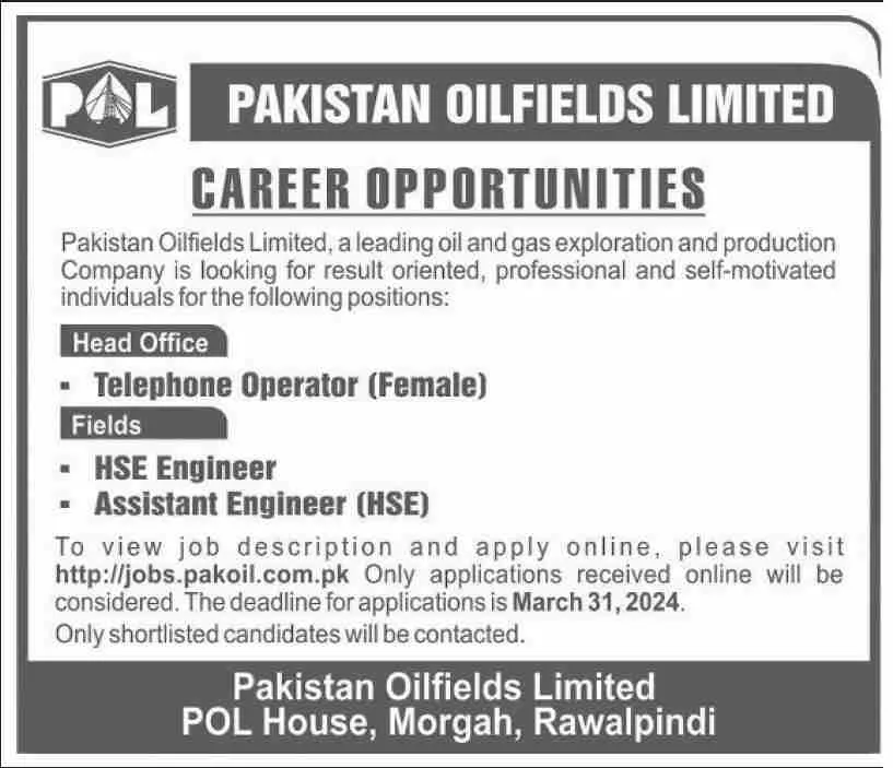 Pakistan oilfields Limited Rawalpindi Jobs 2024 Jobs 2024 — original advertisement