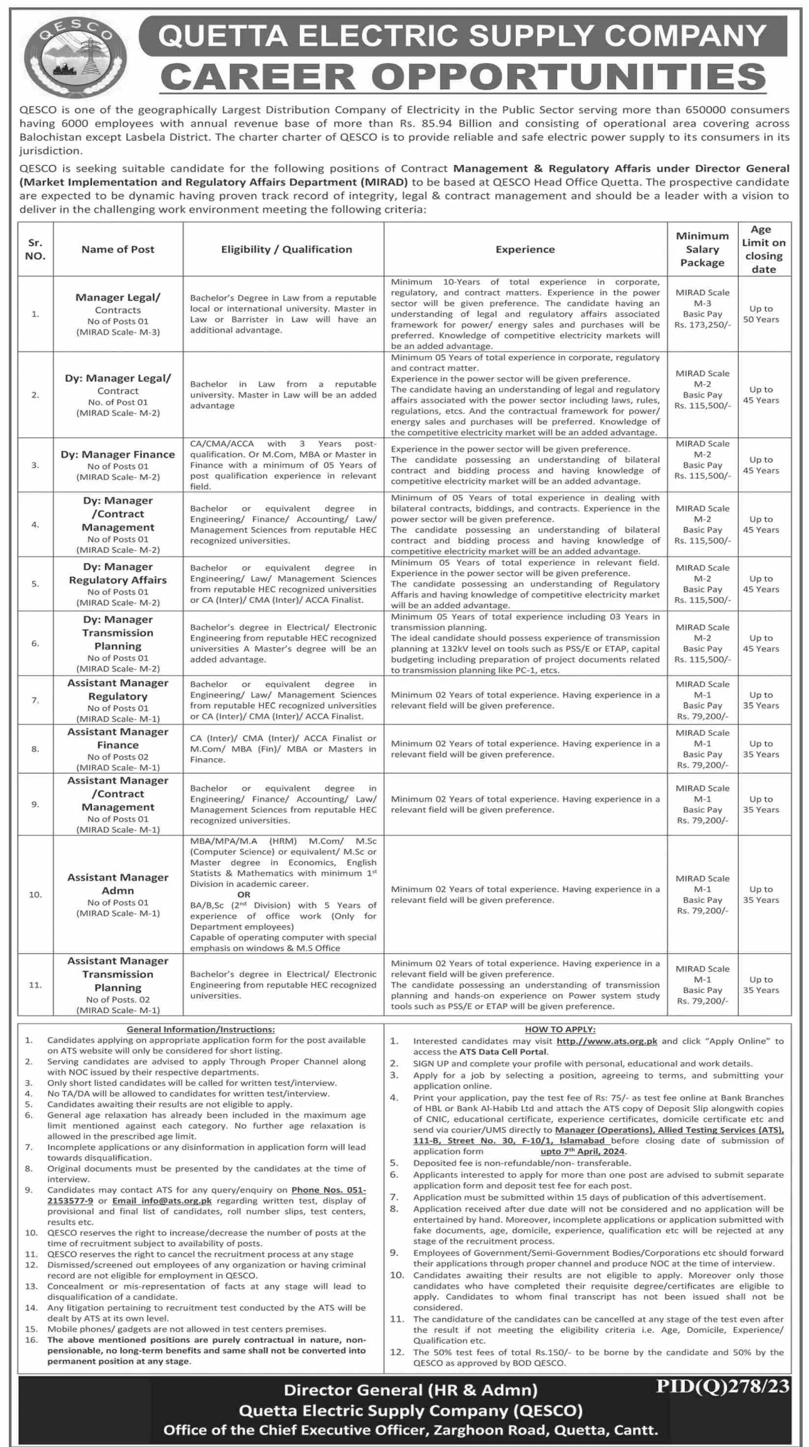 Quetta Electric Supply Company Qesco Jobs 2024 Jobs 2024 — original advertisement