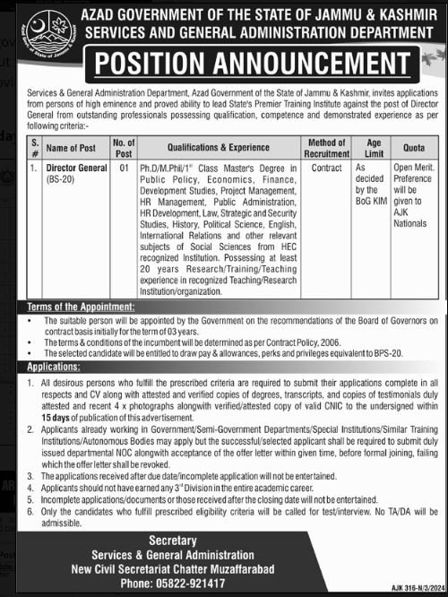 Services & General Administration Department Ajk Jobs 2024 – Govt of Azad Kashmir Jobs 2024 — original advertisement