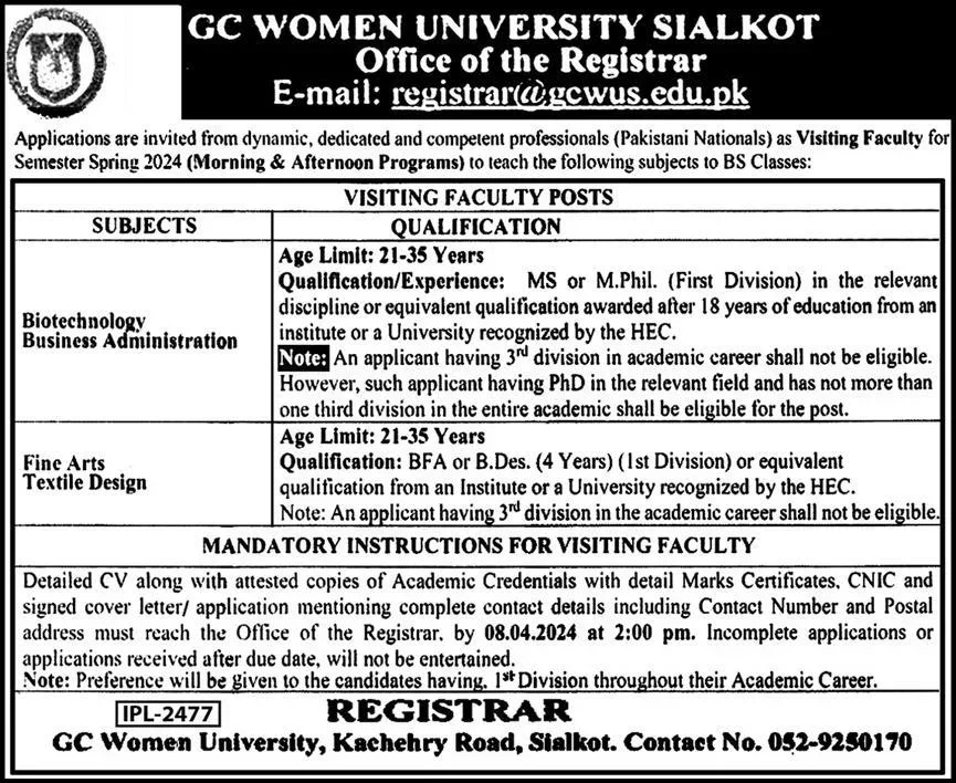 Government College Women University Sialkot GCWU Jobs Jobs 2024 — original advertisement
