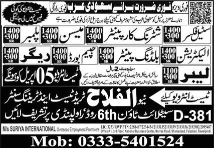 Rigger & Building Painter Jobs 2024 In Saudi Arabia – Al Falah Trade Test Jobs 2024 — original advertisement