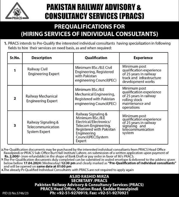 Pakistan Railway Advisory & Consultancy Services Jobs 2024 – Ministry of Railways Islamabad Jobs 2024 — original advertisement
