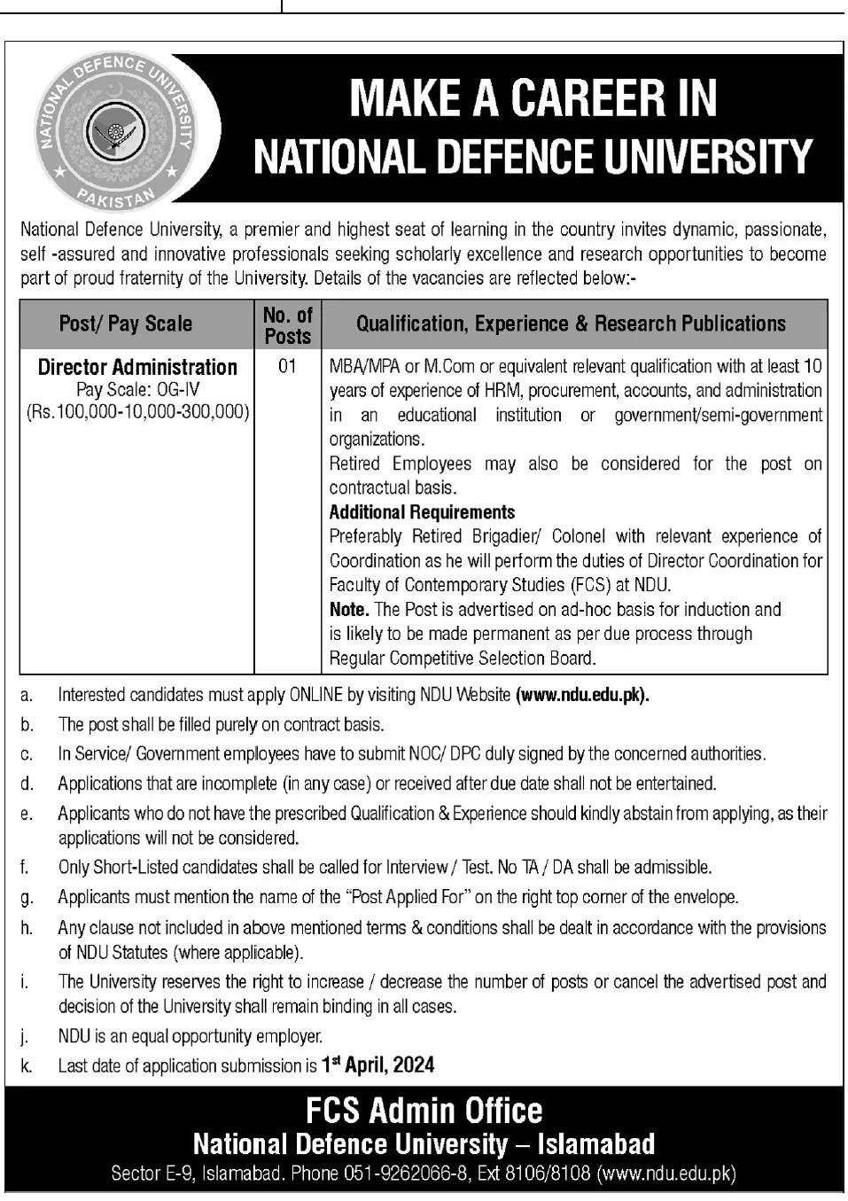 National Defence University NDU Islamabad Jobs 2024 – National Defence University, Pakistan Jobs 2024 — original advertisement