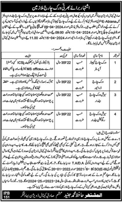 Sadiqia Canal Division Bahawalnagar Jobs 2024 – Irrigation Department Punjab Jobs 2024 — original advertisement