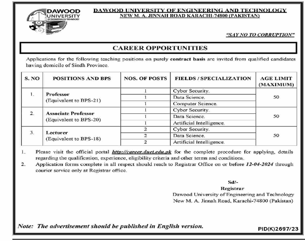 Dawood University of Engineering And Technology Karachi Jobs Jobs 2024 — original advertisement