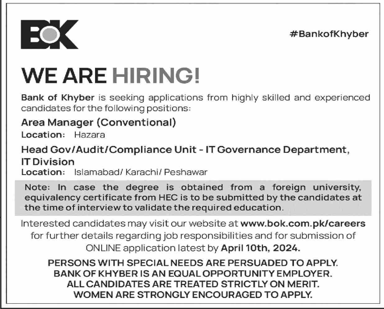 Bank of Khyber Bok Peshawar Jobs 2024 Jobs 2024 — original advertisement