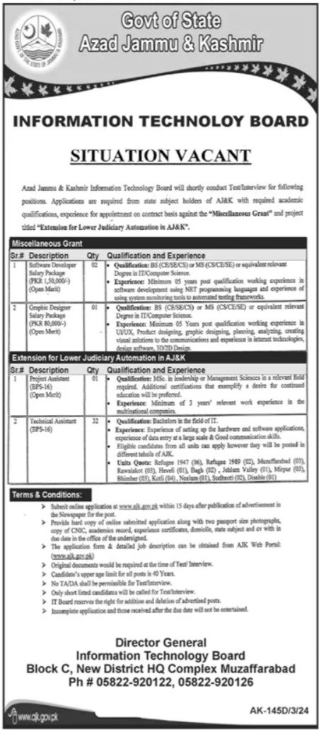Information Technology Board Muzaffarabad Jobs 2024 – Govt of Azad Kashmir Jobs 2024 — original advertisement