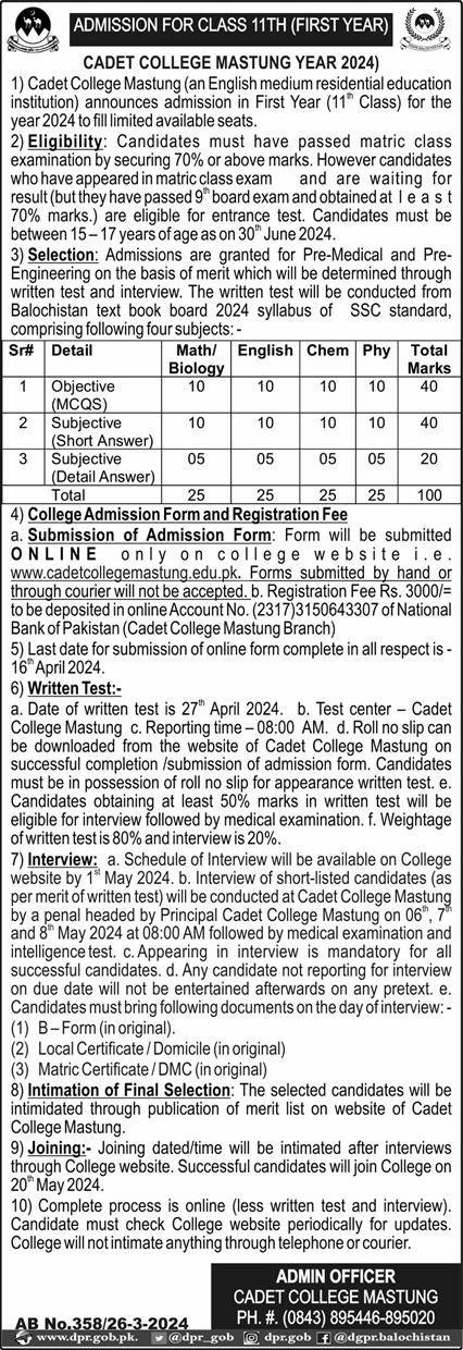 Admissions in Cadet college mastung Balochistan 2024 Admissions 2024 — original advertisement