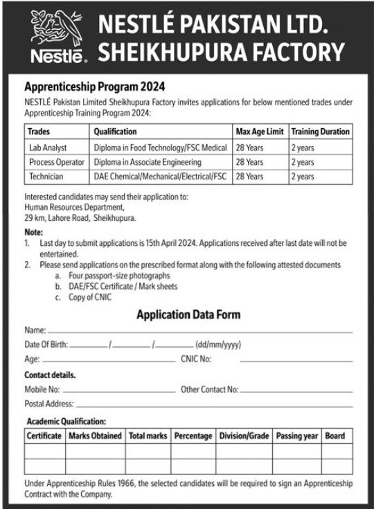 Nestle Pakistan Sheikhupura Factory Apprenticeship 2024 – Private Company Jobs 2024 — original advertisement