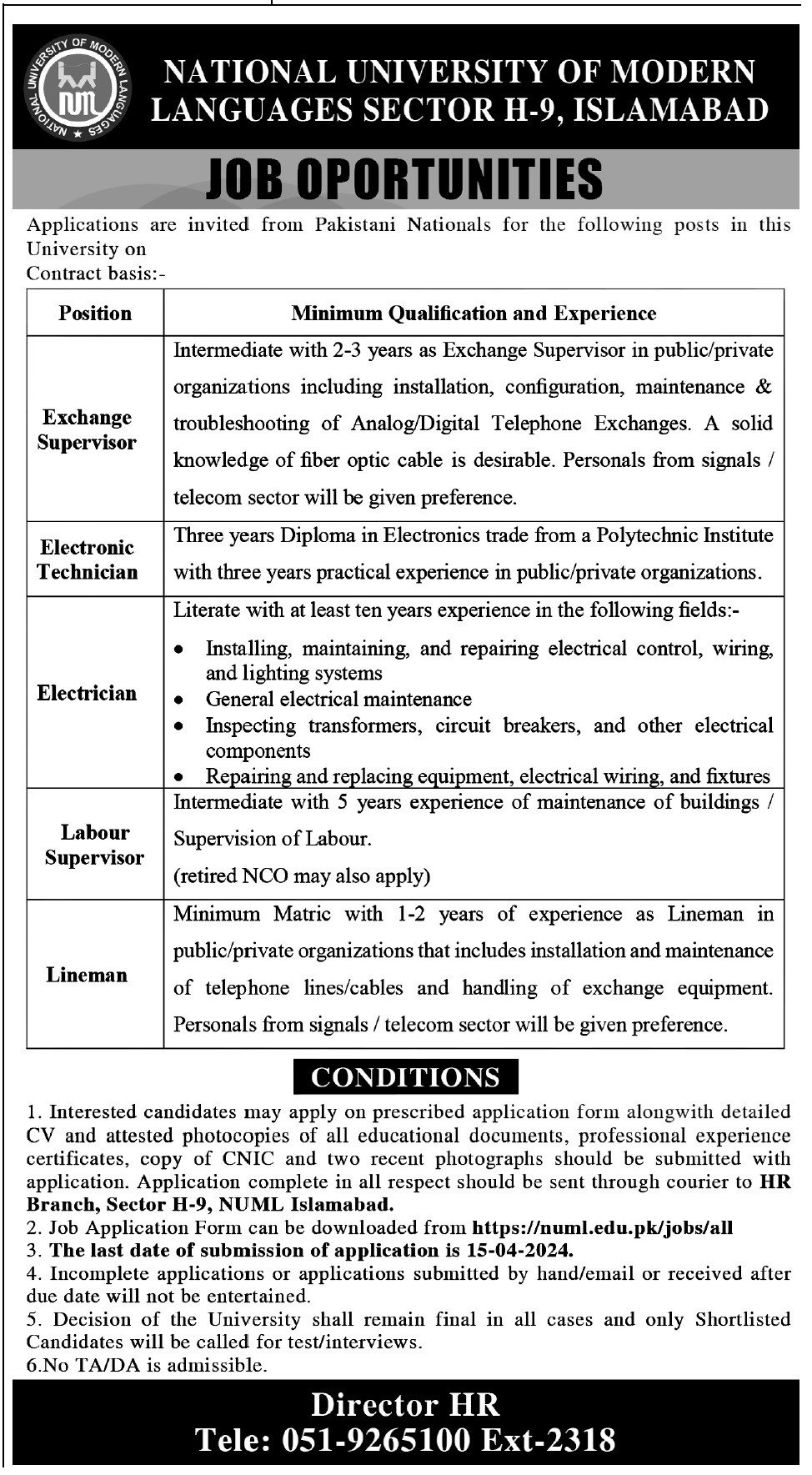 National University of Modern Languages NUML Jobs 2024 – National University of Modern Languages Islamabad Jobs 2024 — original advertisement