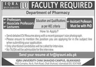 Iqra University IU Chak Shahzad Islamabad Jobs 2024 – Iqra University Islamabad Campus Jobs 2024 — original advertisement