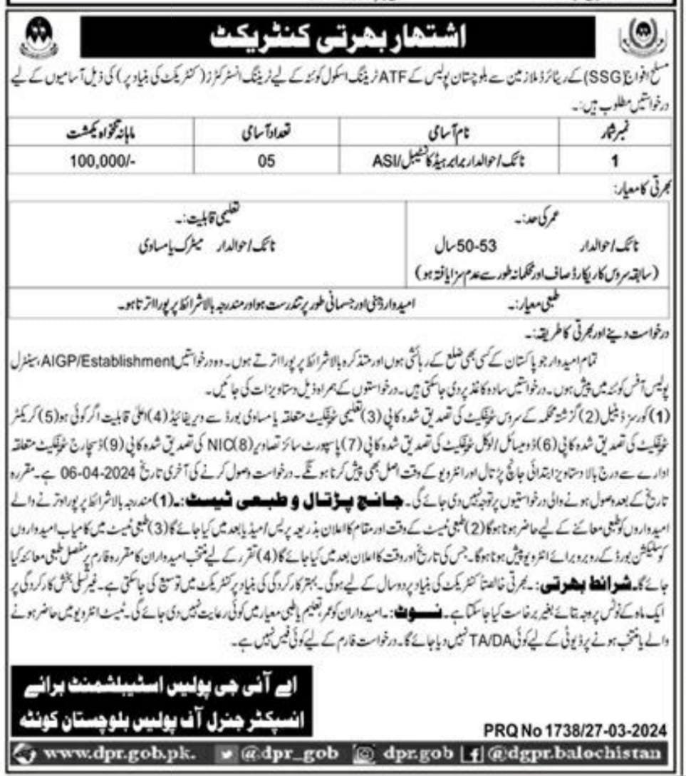 ATF Training School Quetta Jobs 2024 – Balochistan Police Department Jobs 2024 — original advertisement