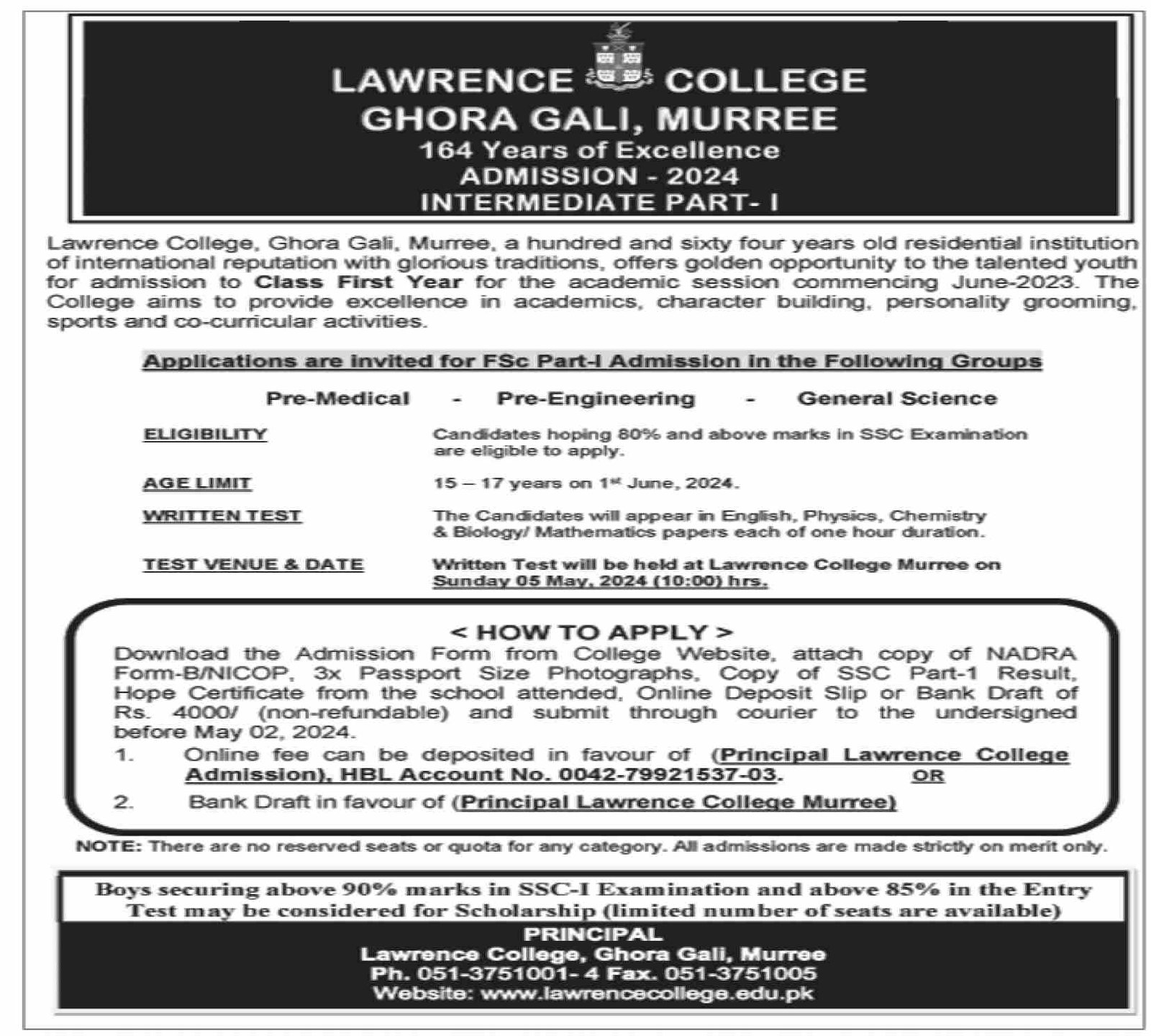 Admissions Open in Lawrence College Ghora Gali Murree 2024 Admissions 2024 — original advertisement