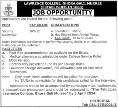 Lawrence College Ghora Gali Jobs 2024 Jobs 2024 — original advertisement