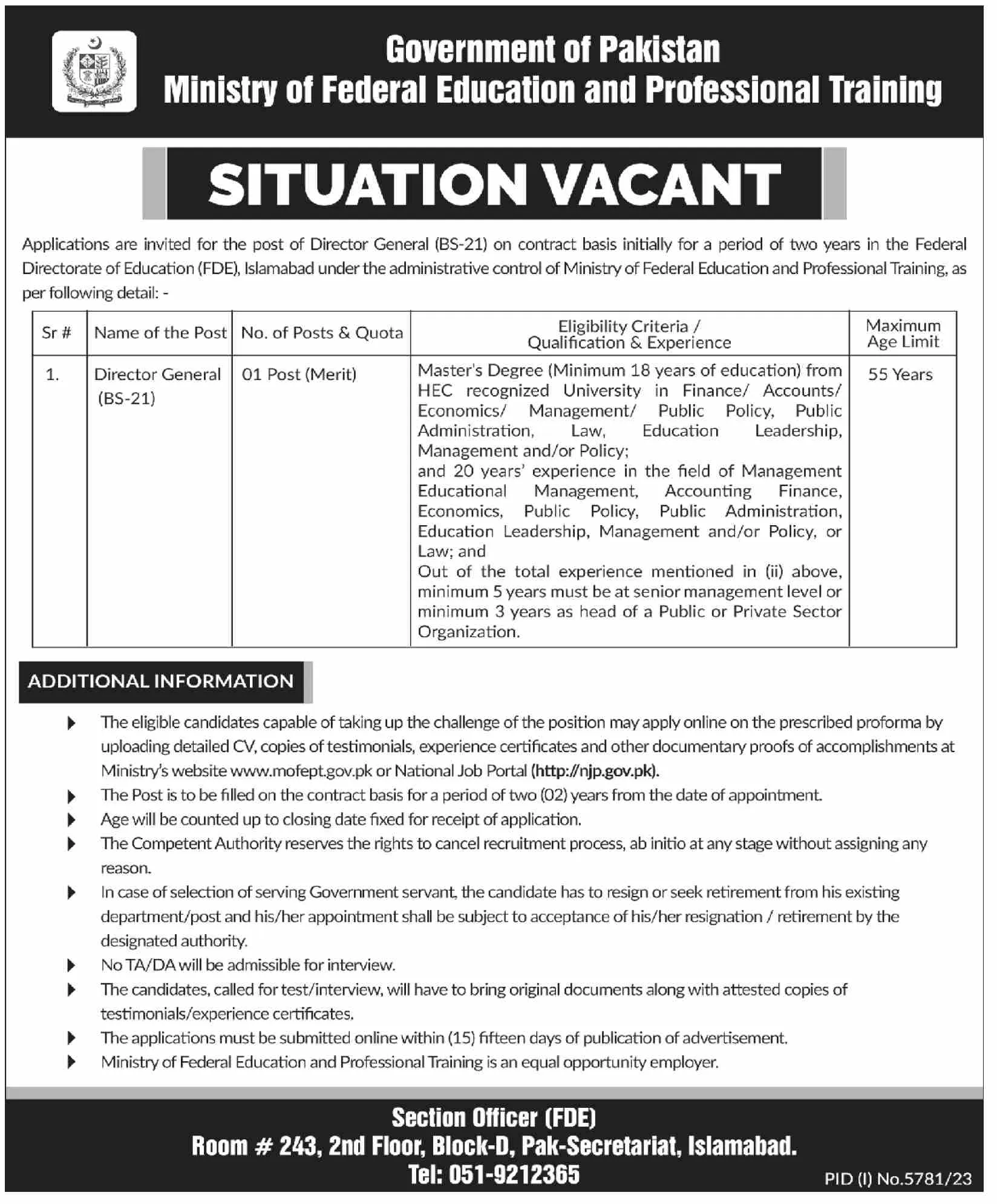 Ministry Of Federal Education & Professional Training Jobs – Ministry of Federal Education and Professional Training Jobs 2024 — original advertisement