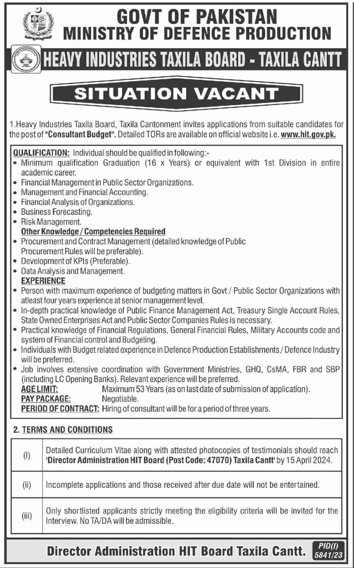 Heavy Industries Taxila Board HIT Jobs 2024 Jobs 2024 — original advertisement