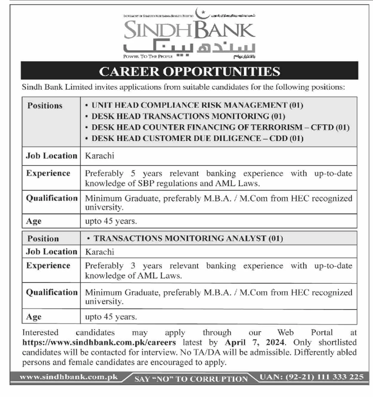 Sindh Bank Karachi Sindh Jobs 2024 Jobs 2024 — original advertisement